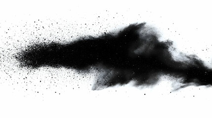 Black powder explosion creates dynamic cloud formation on a white background, ideal for abstract designs.