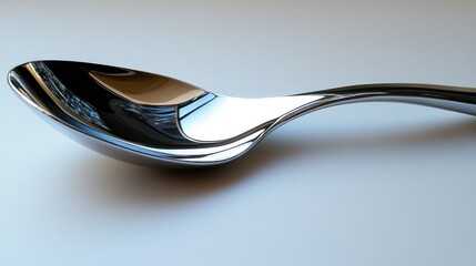 A shiny metal spoon reflecting light and surroundings.