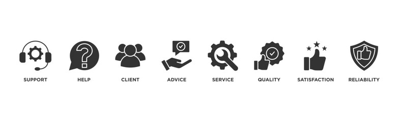 Customer care banner web icon illustration concept for customer support and telemarketing service with an icon of help, client, advice, chat, service, reliability, quality, and satisfaction	