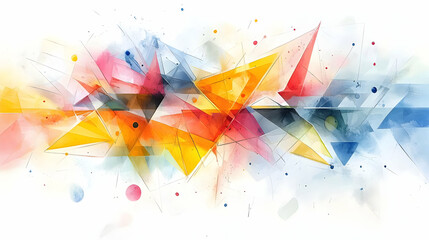 Abstract Geometric Shapes Blend Harmoniously with Watercolor Splashes and Lines Dynamically.