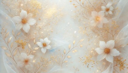 Ethereal white background with translucent floral overlays and soft gold glitter speckles