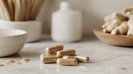 Ginger supplement capsules on marble counter, natural ingredients in background, health and wellness concept, website or blog use.