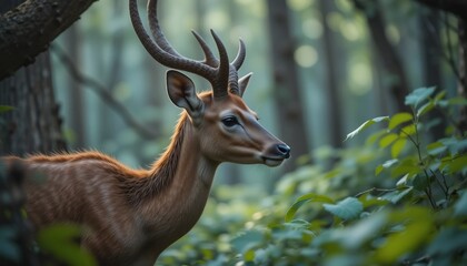Majestic Deer in Lush Forest Habitat Antlered Buck in Green Woodland Setting