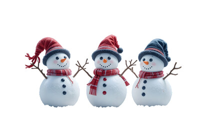 Three snowmen isolated on transparent background