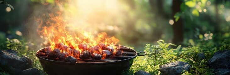 Serene Outdoor Barbecue Scene with Grilling Flames, Fresh Ingredients, and Lush Greenery in a Sunlit Forest Environment for Perfect Summer Gatherings