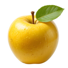 Top view of yellow apple with leaf isolated on transparent background