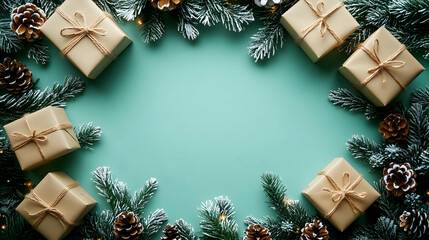 Christmas Gift Boxes Decorated with Pine Cones and Snow-Covered Fir Branches on a Teal Background.