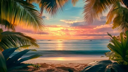 A vivid tropical beach at sunset, showcasing vibrant skies and lush palm trees. The mood is peaceful, promoting concepts of relaxation and escape. Ideal setting for travel and nature themes.