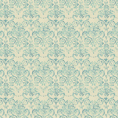 Aged teal floral damask seamless pattern with distressed texture. Ideal for vintage backgrounds, stationery, scrapbooking, and decorative design projects.