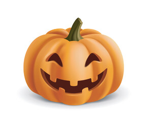 Jack-o -lantern pumpkin with carved smiling face, detailed artistic design, isolated on white background. Concept of Halloween festive element. Vector illustration