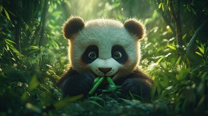 Obraz premium Playful panda munches on bamboo in lush forest under soft sunlight with vibrant greenery surrounding it