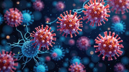 Vibrant red and orange viruses soar through a dark blue sky filled with tiny white bubbles, set against a mesmerizing backdrop of scattered stars