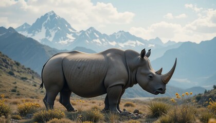 Obraz premium Majestic White Rhino in Mountain Landscape Wildlife Conservation