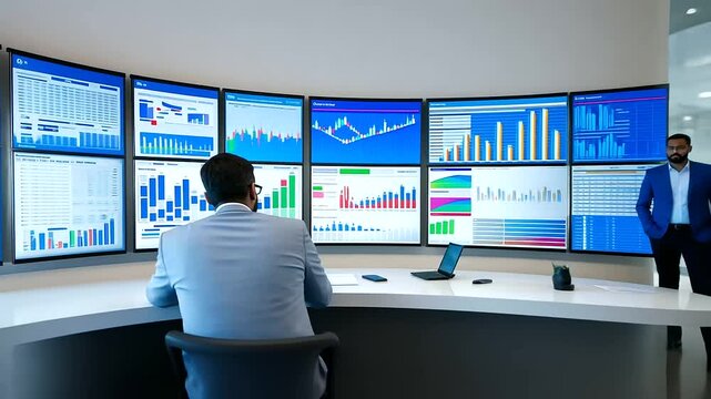 Futuristic Control Room with Data Visualization Panels
