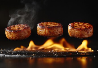 Sizzling Grilled Meat Steaks with Perfect Seared Marks Surrounded by Flames and Smoke, Capturing the Essence of Culinary Art in a Dark Atmosphere