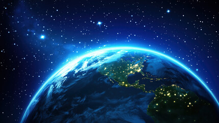 Naklejka premium Earth Glowing at Night from Space, with City Lights Twinkling Across Continents Against the Dark Expanse of the Universe
