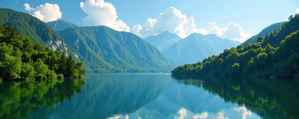 Fototapeta premium Dense green foliage surrounds a tranquil mountain lake with blue sky and white clouds above, water, forest, cloudy