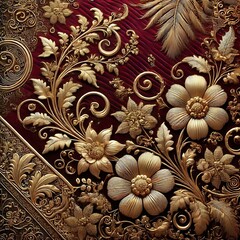 Luxurious velvet-textured burgundy background with intricate golden floral embroidery
