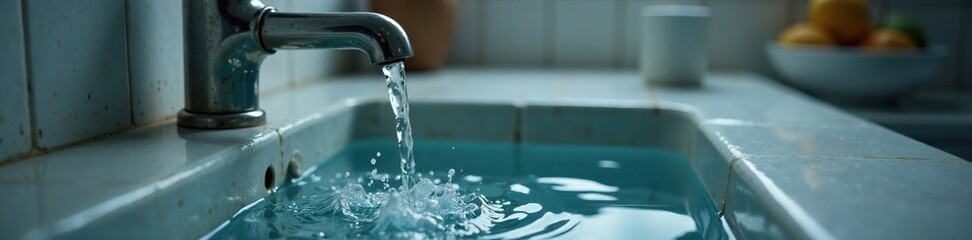 Faucet drips slowly into a sink full of water, floor wetness, pooling water