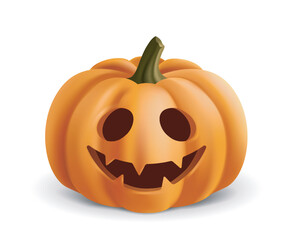Smiling orange Jack-o -lantern pumpkin with a carved face, green stem, and glowing expression, isolated on a white background. Halloween decoration concept. Vector illustration