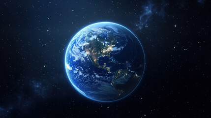 Obraz premium Earth Glowing at Night from Space, with City Lights Twinkling Across Continents Against the Dark Expanse of the Universe