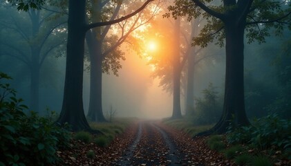 Obraz premium Forest at dawn misty foggy atmosphere serene peaceful, leaves, atmosphere, mist