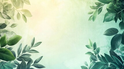 Fresh Green Leaves Frame with Soft Pastel Background for Design