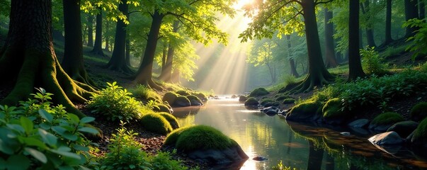 Obraz premium Forest floor illuminated by soft light emanating from the river, peaceful, soft light