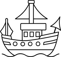 Black Line art of a Cruise Ship on a White Background - Vector Illustration