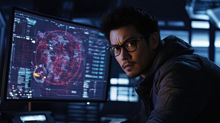 Fototapeta premium Intense focus on data analysis during a nighttime cybersecurity operation in a futuristic control room