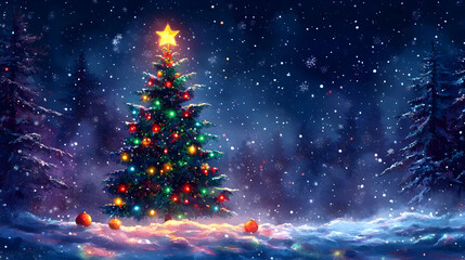 Christmas Tree Illuminates Snowy Forest with Colorful Lights and Ornaments in Winter Wonderland