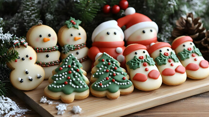 Festive Christmas Cookies Decorated with Icing and Sprinkles on Wooden Board with Pine Branches