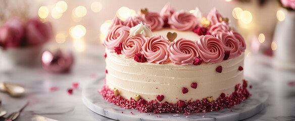 Elegant celebration cake with pink rose decorations and heart accents on white frosting for special occasions and festive gatherings