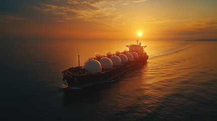 Majestic cargo ship sailing ocean waters at sunset with glowing horizon and tranquil sea in breathtaking evening scene