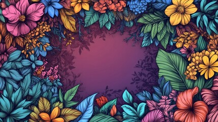 Fototapeta premium Colorful Floral Frame with Vibrant Flowers and Lush Leaves
