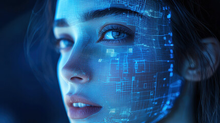 Futuristic digital woman’s face with blue holographic grid overlay highlighting advanced technology and virtual reality concepts