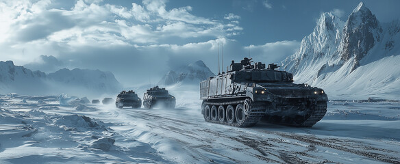 Military convoy of armored vehicles traversing snowy mountain landscape under cloudy sky in cold arctic environment
