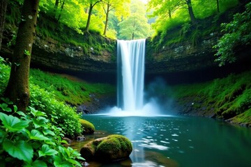 Obraz premium Lush green vegetation surrounds the tranquil waterfall, forest, pure