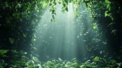 Fototapeta premium Lush Green Forest with Sunlight Streaming Through Dense Foliage