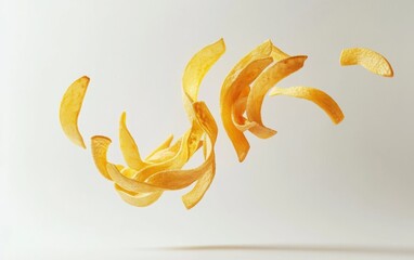 Obraz premium Crispy, golden French fries spinning and soaring freely against a pure white backdrop