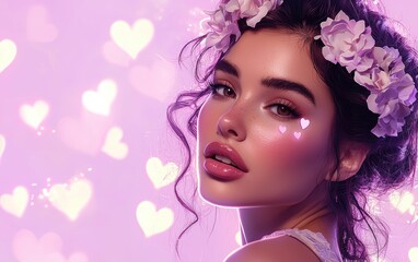 Naklejka premium A radiant woman with a floral hair accessory and glossy lips, posing on a soft lavender background with glowing pink hearts for Saint Valentines Day