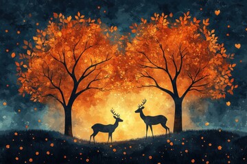 Vibrant Folk Art Deer Under Colorful Tree in Whimsical Forest Scene