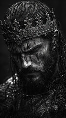 King with his head down, dramatic and gloomy atmosphere. Black and white portrait of a medieval knight with battle scars and a crown symbolizing strength and power, his head down symbolizes sacrifice
