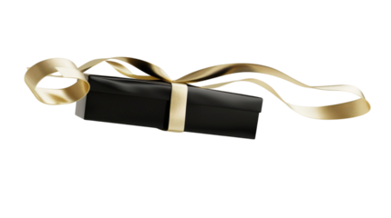 A flying black gift box tied with a glossy gold ribbon rendered in 3D on a white background