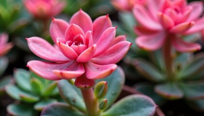 Pink fleshy leaves on an ice plant with a waxy stem, succulent garden, fleshy