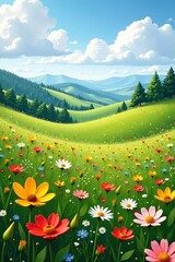 Fototapeta premium Rolling hills covered in wildflowers sway gently in the breeze, landscape, peaceful