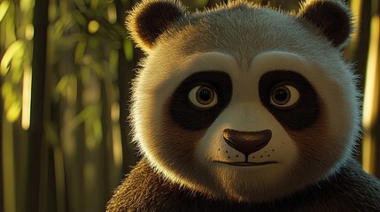 Obraz premium Cute panda portrait, bamboo forest background, golden hour light, children's book illustration.