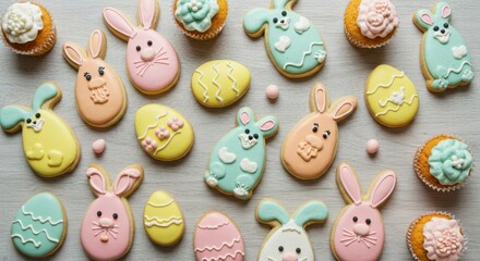 Colorful easter cookies and cupcakes with bunny and egg designs