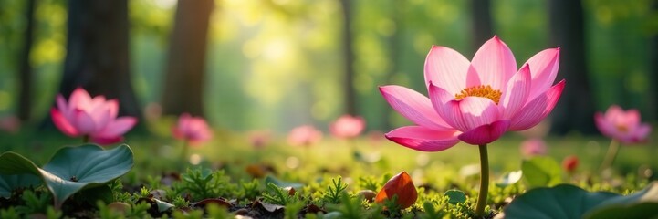 Fototapeta premium Soft pink petals unfolding in a forest clearing, serene, pink flowers
