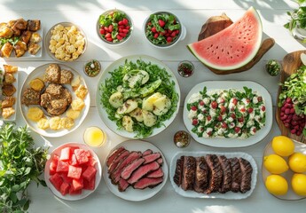 Vibrant and Colorful Summer Picnic Spread Featuring Fresh Fruits, Gourmet Salads, Grilled Meats, and Delicious Snacks on a Wooden Table